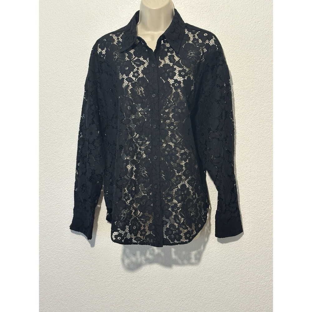 Express Boyfriend Portofino Black Lace Sheer Floral Crochet Shirt SzM Whimsigoth
